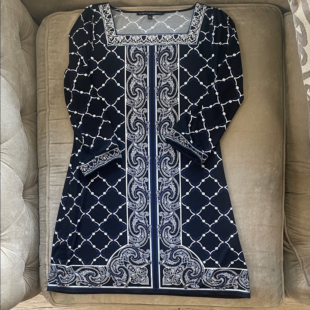 White House Black Market Navy and White Long Sleeve Patterned Dress
